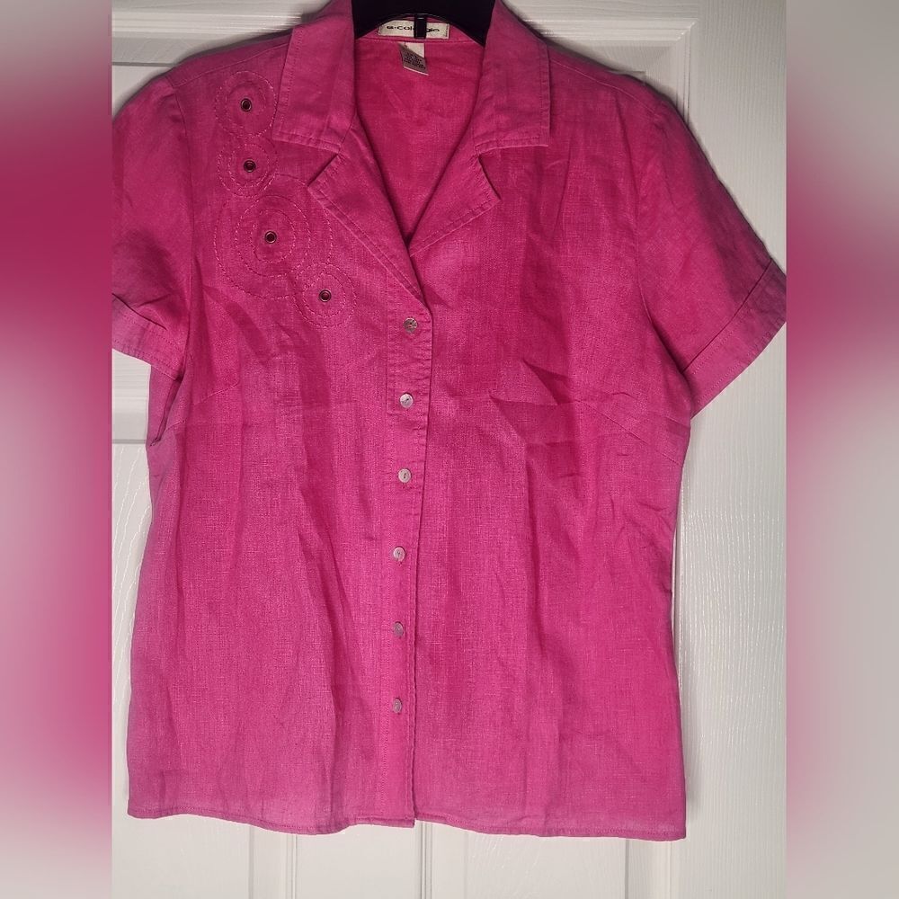 Ecologie Lโ Pink Shrtslv Embroidered 100% LINEN Buttons Up WomenโsโShirt